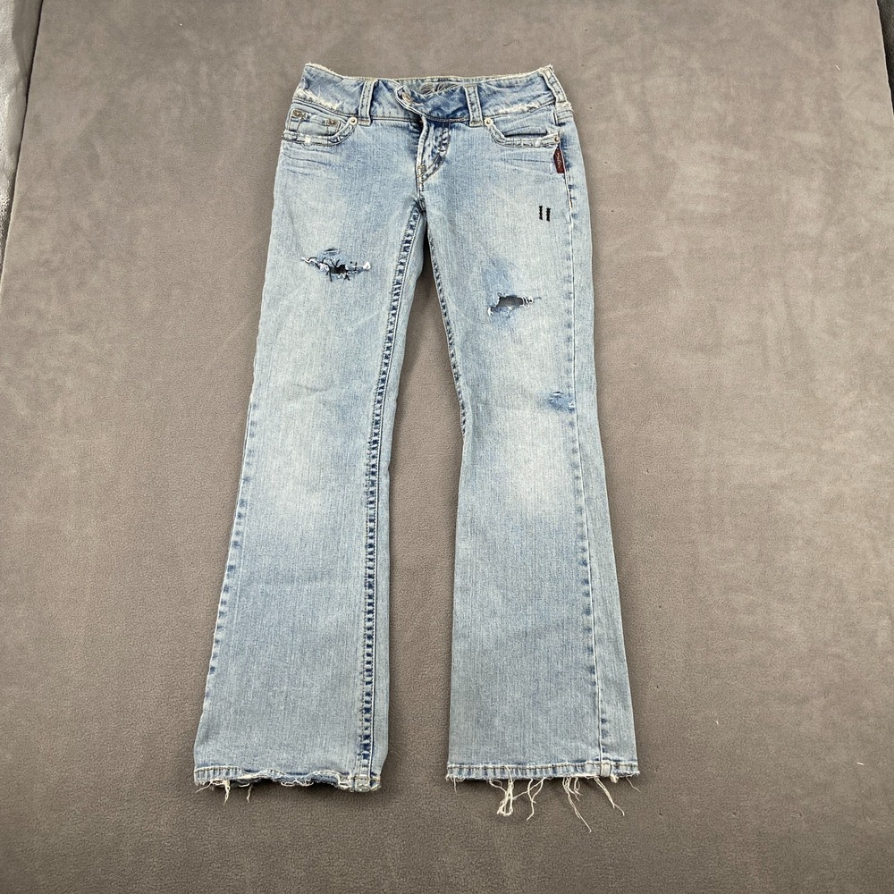Y2K Silver Jeans Sz 27 Blue Light Wash Distressed Low Rise Streetwear Flared Leg